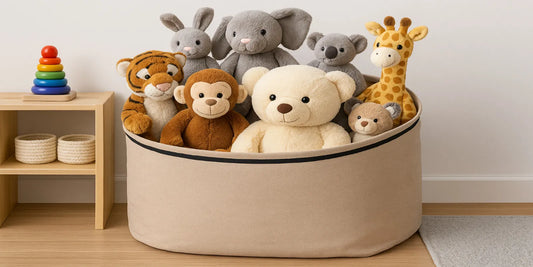 A beige storage organizer filled with various plush stuffed animals, placed in a tidy playroom with wooden flooring and minimal decor.