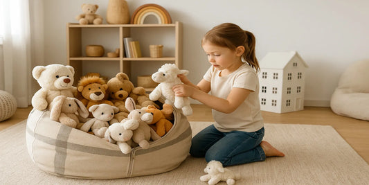 Young girl organizing plush toys into a beige striped storage bean bag in a bright playroom with shelves and a white dollhouse.