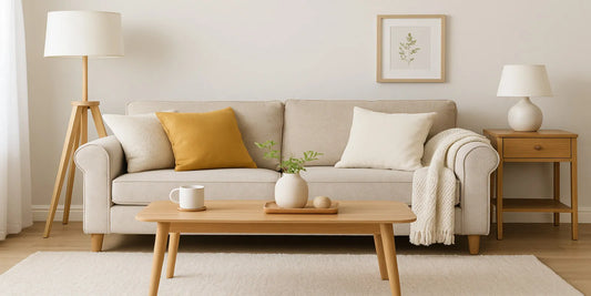 Bright living room with beige sofa, soft cushions, wooden coffee table, floor lamp, and indoor plants, creating safe senior-friendly decor.