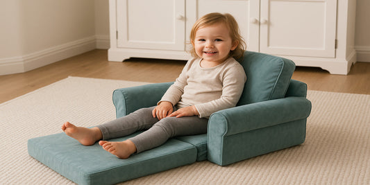 Smiling toddler sitting on a teal convertible kids chair sofa with extended footrest in a bright cozy room with soft carpet and cabinet.