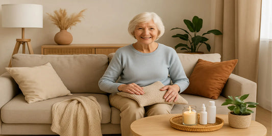 Smiling elderly woman sitting on a beige sofa in a cozy living room with pillows, blanket, candles, and green plants.