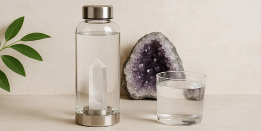 A crystal water bottle with a clear quartz point inside, next to a glass of water and an amethyst geode, set against a soft, natural background.