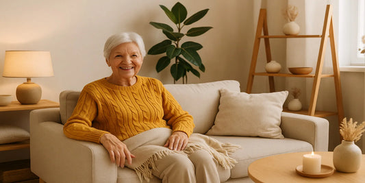 Smiling senior woman sitting on a beige sofa in a cozy living room with warm decor, plants, and soft natural lighting.