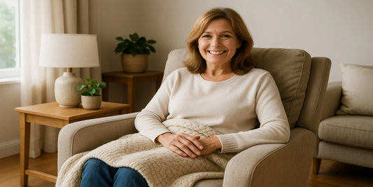 Smiling senior woman in her 50s sits on a beige armchair with a cozy blanket, in a bright and comfortable living room.