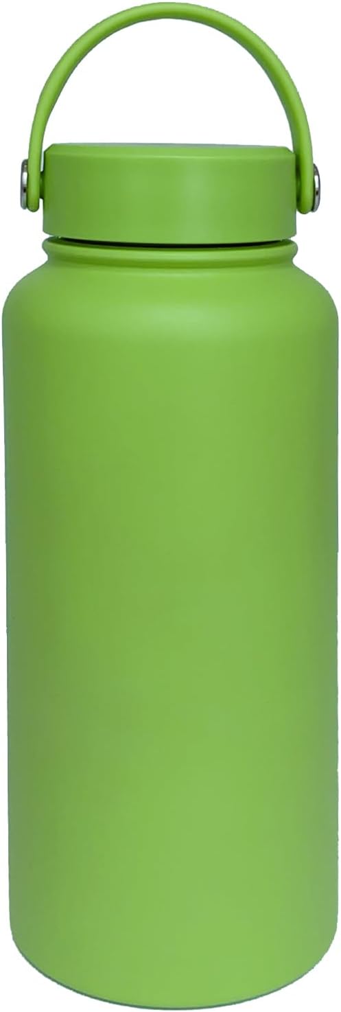 32oz Insulated Water Bottle ,Stainless Steel Sports Water Cup Flask with 2 Lids, Wide Mouth Travel Thermal Mug,Outdoor Sports Bottle(Lemon Green)