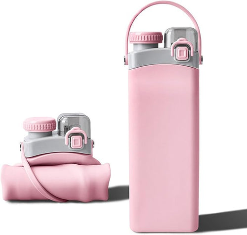THAIOXYH® Collapsible Water Bottle 20 oz(600ml) Silicone BPA Free Reuseable Lightweight Foldable Water Bottles for Traveling Running Hiking Camping Sports (Pink)