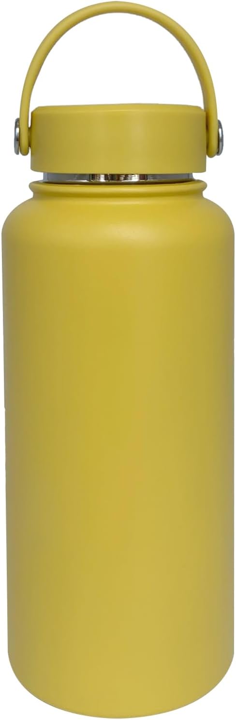 32oz Insulated Water Bottle ,Stainless Steel Sports Water Cup Flask with 2 Lids, Wide Mouth Travel Thermal Mug,Outdoor Sports Bottle(Mango yellow)