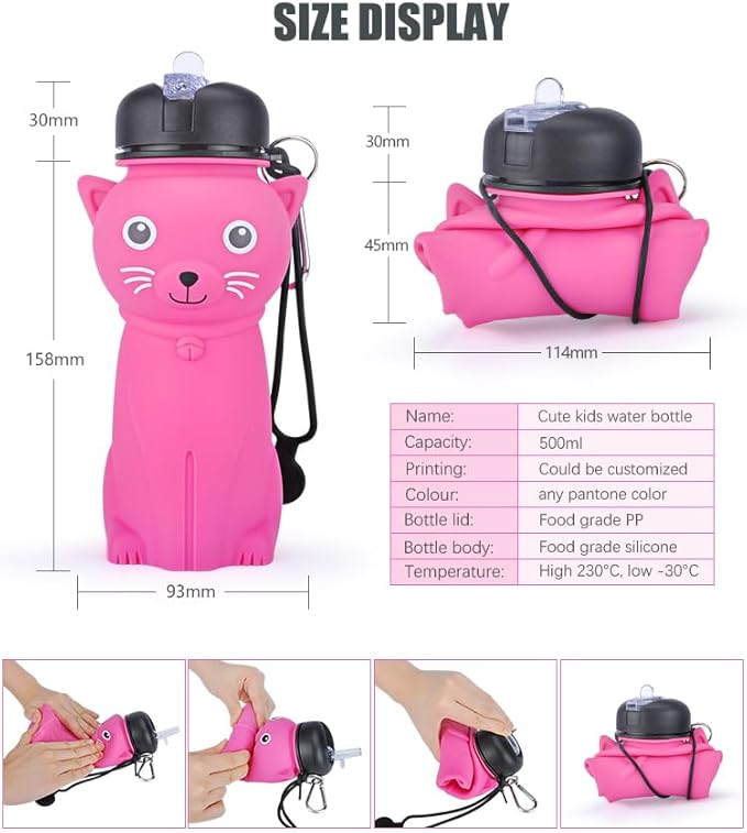 Collapsible Silicone Water Bottle,kawaii water bottle,500ml(16.9 oz),cute water bottles For Girls,School,Sports,Hiking, Backpacking, Camping, Walking, BPA Free(cute bear)