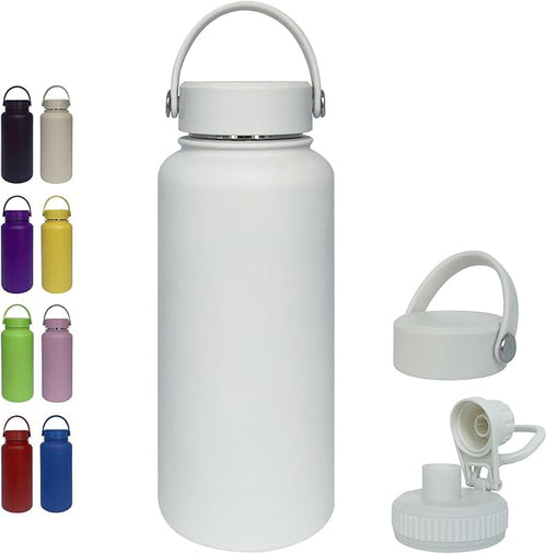 32oz Insulated Water Bottle ,Stainless Steel Sports Water Cup Flask with 2 Lids, Wide Mouth Travel Thermal Mug,Outdoor Sports Bottle(white)