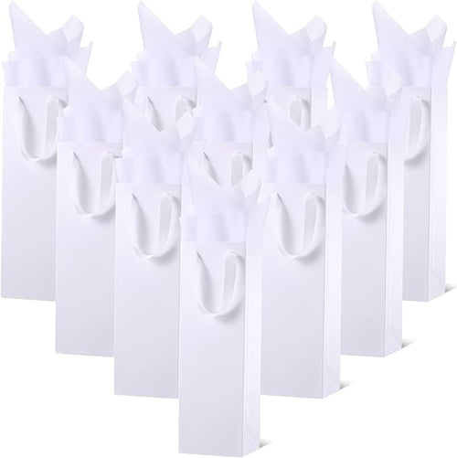 24 Pieces Christmas Kraft Wine Bag Paper Wine Bag, Wine Bottle Bag Holder with Handles with Kraft Tissue Paper Retail Wine Bag Bulk for Wedding Party, 4 x 3.5 x 14 Inch(White)