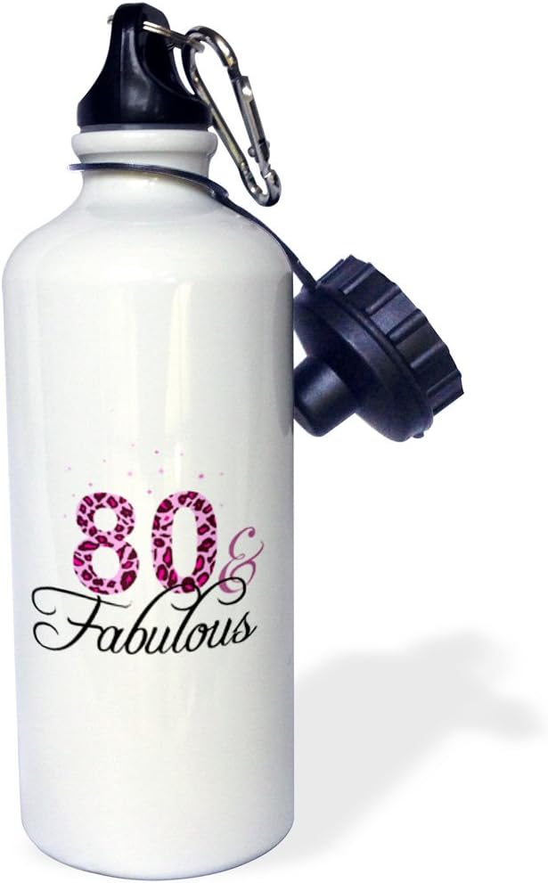3dRose "80 and Fabulous-fun girly birthday gift-black and hot pink leopard print pattern bday diva text" Sports Water Bottle, 21 oz, White
