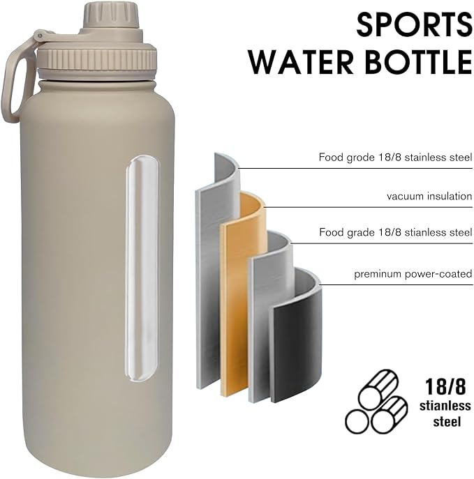40oz Insulated Water Bottle ,Stainless Steel Sports Water Cup Flask with 2 Lids, Wide Mouth Travel Thermal Mug,Outdoor Sports Bottle(Cream apricot)