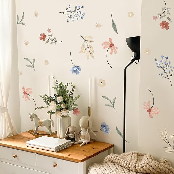 Boho Flower Wall Decals,Watercolor Flower Wall Art,Wildflower Wall Decals,Girls Bedroom Removable Wall Decals (Boho Colorful Flower Wall decals)