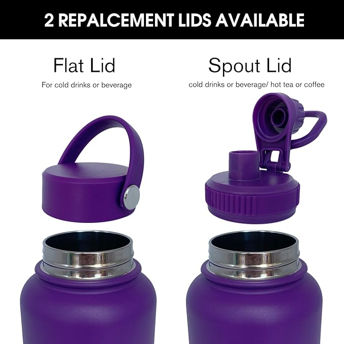 40oz Insulated Water Bottle ,Stainless Steel Sports Water Cup Flask with 2 Lids, Wide Mouth Travel Thermal Mug,Outdoor Sports Bottle(Purple)