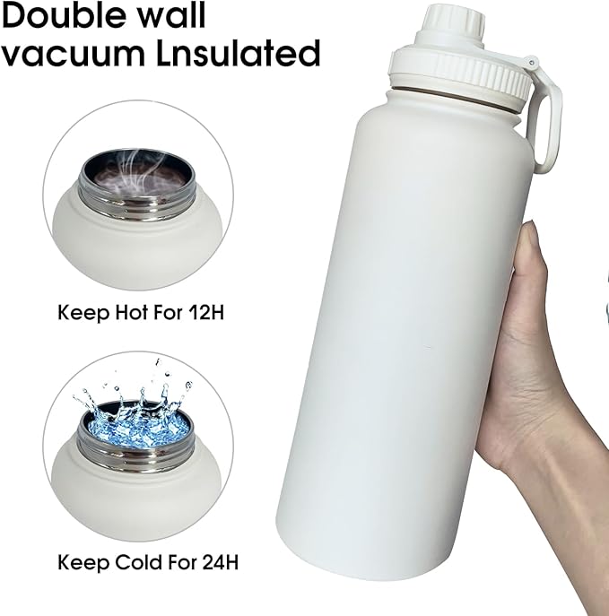 40oz Insulated Water Bottle ,Stainless Steel Sports Water Cup Flask with 2 Lids, Wide Mouth Travel Thermal Mug,Outdoor Sports Bottle(white)