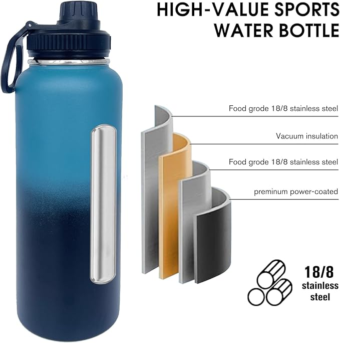 4pack 40 oz Insulated Water Bottle With Straw, Stainless Steel Sports Water Cup Flask with 2 Lids, Wide Mouth Travel Thermal Mug,Navy Black