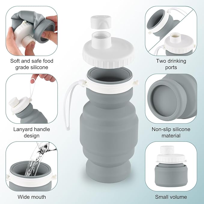 THAIOXYH® Collapsible Water Bottles 11 oz(320ml) Reuseable Foldable Portable BPA Free Silicone Collapsible Water Bottles for Traveling Hiking Camping Sports (grey)…