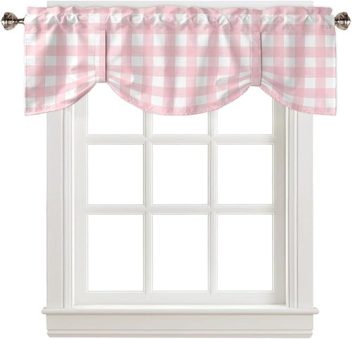 Christmas Blackout Tie Up Valance Curtains for Kitchen Windows Rustic Pink White Buffalo Check Plaid Pattern Window Toppers Balloon Shades for Living Room/Bathroom/Bedroom,1 Panel, 54" X 18",Farmhouse