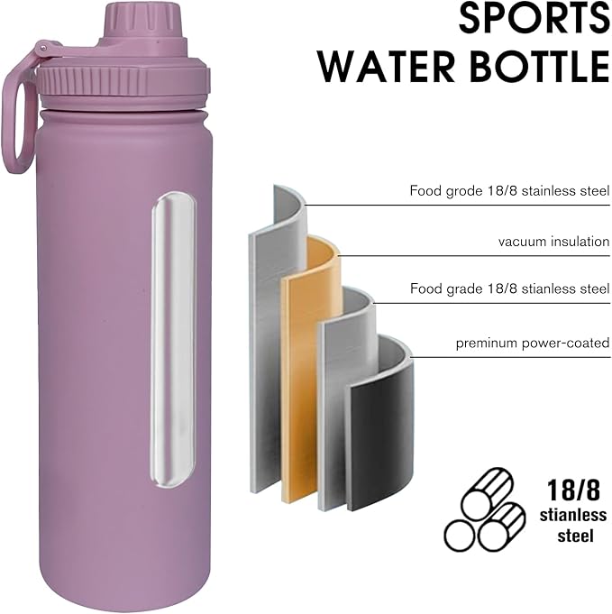 22oz Insulated Water Bottle ,Stainless Steel Sports Water Cup Flask with 2 Lids, Wide Mouth Travel Thermal Mug,Outdoor Sports Bottle(Jelly Purple)