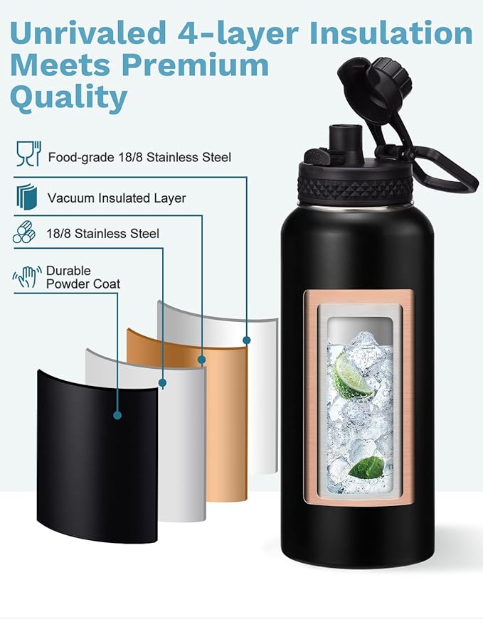 32 oz Insulated Water Bottle with Straw - Pop-up Spout Lid, Paracord Handle, Carrier Bag with Strap, Leak Proof Stainless Steel Water Bottle 32oz, Cold Flask Jug for Traveling Hiking