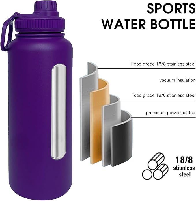 40oz Insulated Water Bottle ,Stainless Steel Sports Water Cup Flask with 2 Lids, Wide Mouth Travel Thermal Mug,Outdoor Sports Bottle(Purple)