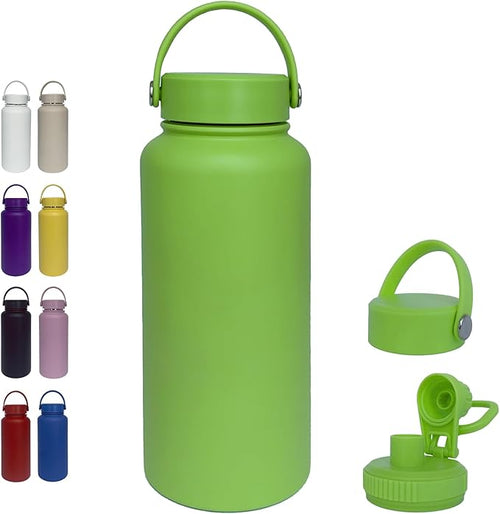 32oz Insulated Water Bottle ,Stainless Steel Sports Water Cup Flask with 2 Lids, Wide Mouth Travel Thermal Mug,Outdoor Sports Bottle(Lemon Green)