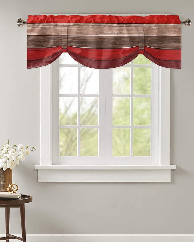 Farmhouse Blackout Tie Up Valance Curtains for Kitchen Windows, Christmas Red Brown Window Toppers Balloon Shades for Living Room/Bathroom/Bedroom,1 Panel,42" X 18" Retro Rustic Barn Wood Texture