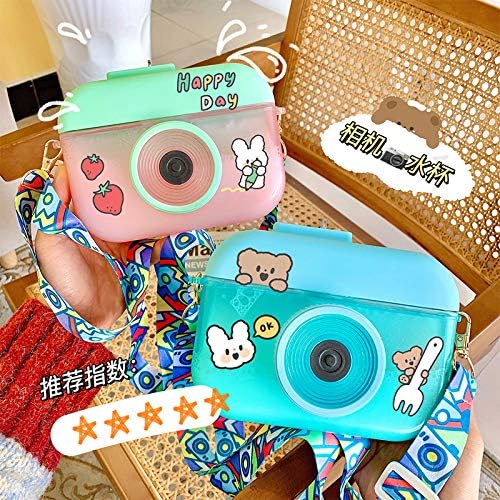 Camera Bottle Travel Cup with Straw Birthday Party Gift Ice Drinking Water Bottle Mug with Strap Picnic (camera pink, 400 ml)