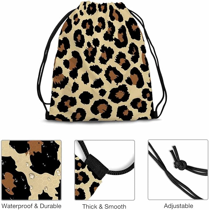 Seamless Leopard Print Draw String Back Bag Leopard Spots Brown Black Fashion Pattern Gym Backpack Basketball Bag Backpack 14x16.9 Inch