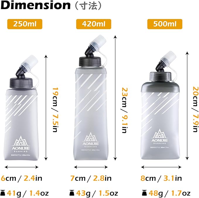 TRIWONDER Water Bottles TPU Soft Flasks Collapsible Running Flasks for Hydration Pack Backpack Hiking Cycling (Gray - 500ml - Pack of 2)