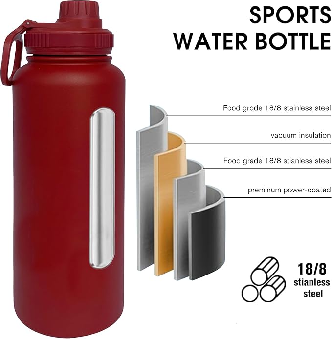 40oz Insulated Water Bottle ,Stainless Steel Sports Water Cup Flask with 2 Lids, Wide Mouth Travel Thermal Mug,Outdoor Sports Bottle(Deep red)