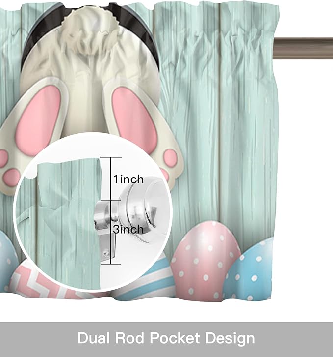 Happy Easter Valances Kitchen Curtains for Windows, Easter Bunny Tails Eggs Rabbit Spring Decor Rod Pocket Valances Blue Farmhouse Wood Short Curtains for Bedroom/Living Room,54" X 18" -1 Panel