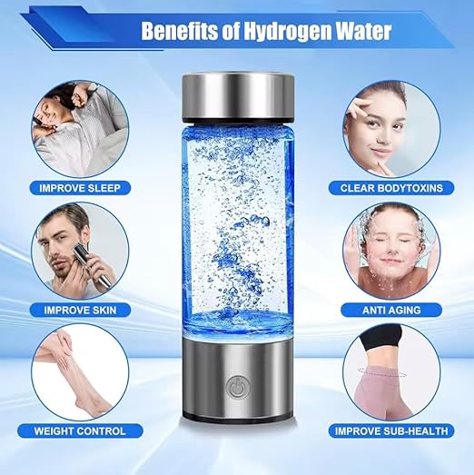 Hydrogen Water Bottle Generator, Portable Ionizer USB Quality Filter, Stormproof Water Bottle, Stainless Steel Drinking Water Bottle, Built-in Timer and LED Light, Stainless Steel, Silver