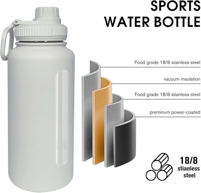32oz Insulated Water Bottle ,Stainless Steel Sports Water Cup Flask with 2 Lids, Wide Mouth Travel Thermal Mug,Outdoor Sports Bottle(white)