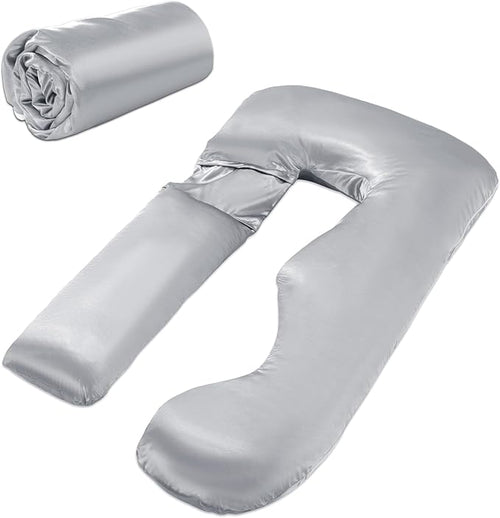HOMBYS Silky Satin Pregnancy Pillow Cover (ONLY Pillowcase), Luxurious Smooth Maternity Pillow Cover, U Shaped Soft & Breathable Large Pillow Protector for Side Sleeper, 58.6" L x 30.9" W, Light Grey