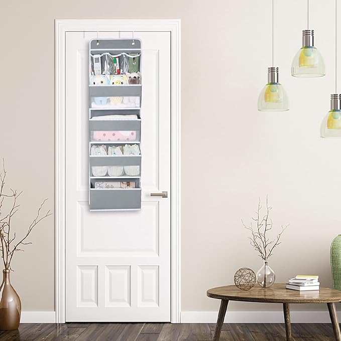Univivi Door Hanging Organizer Nursery Closet Cabinet Baby Storage with 4 Large Pockets and 3 Small PVC Pockets for Cosmetics, Toys and Sundries with Gift Box (Grey)