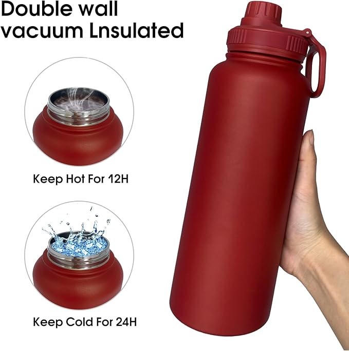 40oz Insulated Water Bottle ,Stainless Steel Sports Water Cup Flask with 2 Lids, Wide Mouth Travel Thermal Mug,Outdoor Sports Bottle(Deep red)