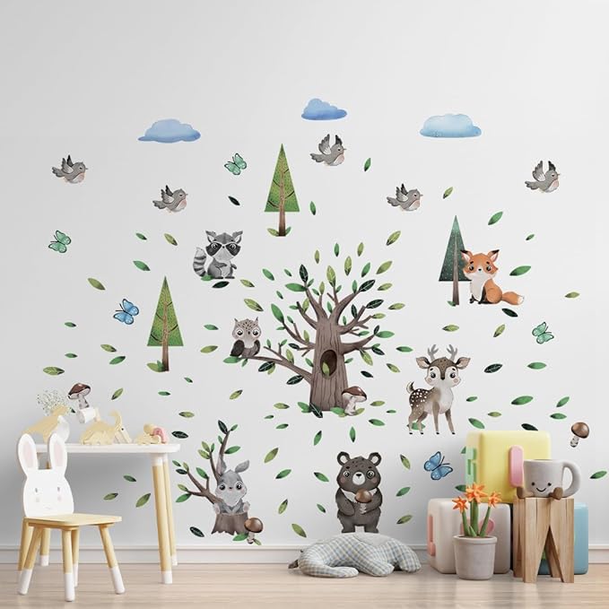 Large Animals Wall Decals for Kids by Lipastick β 133 pcs Woodland Animal Wall Stickers β Forest Animal Wall Decals for Kids Boys Baby Girls β Kids Wall Decals Bear Fox Deer Hare Raccoon Owl M Size