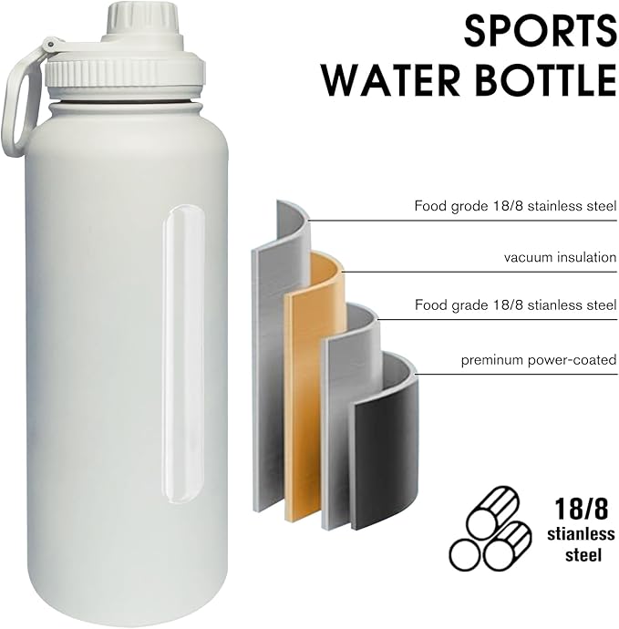40oz Insulated Water Bottle ,Stainless Steel Sports Water Cup Flask with 2 Lids, Wide Mouth Travel Thermal Mug,Outdoor Sports Bottle(white)