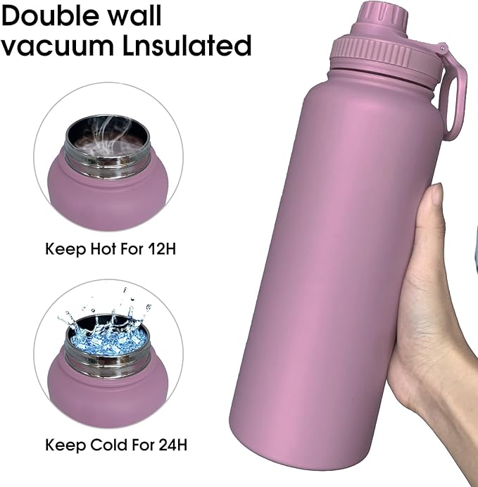 40oz Insulated Water Bottle ,Stainless Steel Sports Water Cup Flask with 2 Lids, Wide Mouth Travel Thermal Mug,Outdoor Sports Bottle(Jelly Purple)
