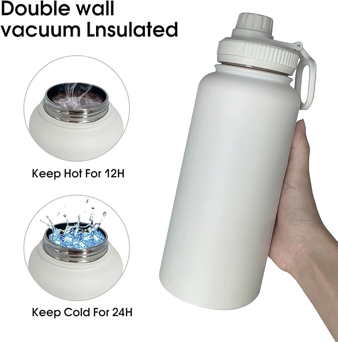 32oz Insulated Water Bottle ,Stainless Steel Sports Water Cup Flask with 2 Lids, Wide Mouth Travel Thermal Mug,Outdoor Sports Bottle(white)