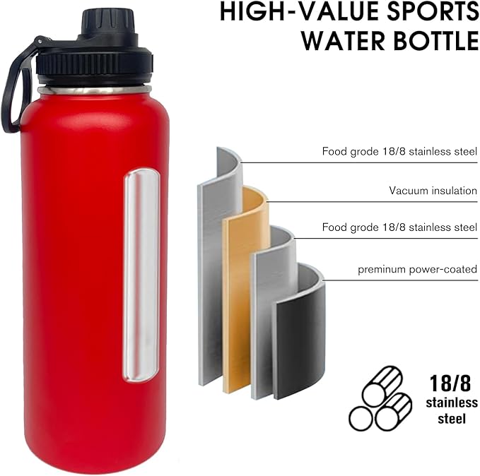 4pack 40 oz Insulated Water Bottle With Straw, Stainless Steel Sports Water Cup Flask with 2 Lids, Wide Mouth Travel Thermal Mug,Red