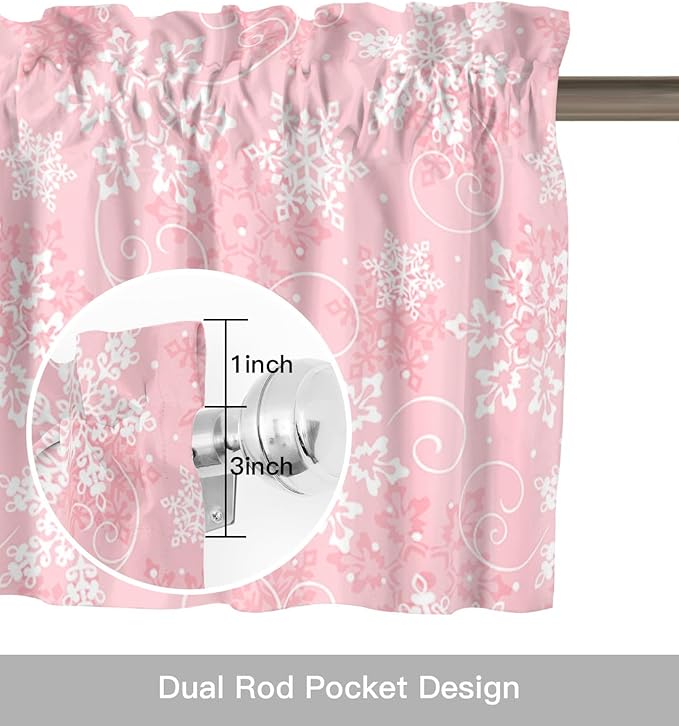 Christmas Valance Curtains for Kitchen Windows Pink White Snowflakes Pattern Rod Pocket Window Treatment Toppers for Kitchen/Living Room/Bedroom/Bathroom, 60" X 18", Winter