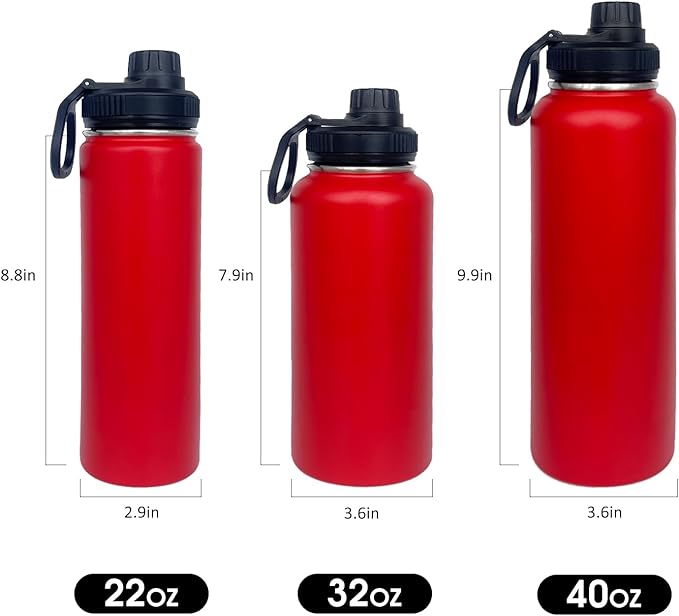 4pack 32 oz Insulated Water Bottle With Straw, Stainless Steel Sports Water Cup Flask with 2 Lids, Wide Mouth Travel Thermal Mug,Red
