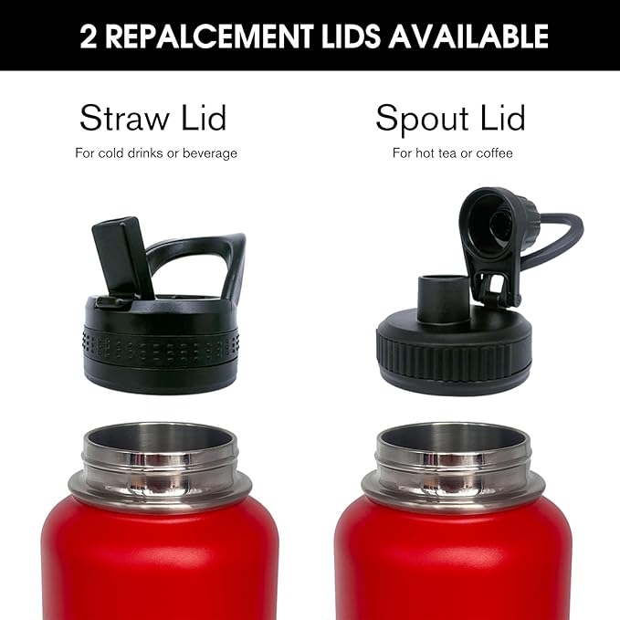4pack 32 oz Insulated Water Bottle With Straw, Stainless Steel Sports Water Cup Flask with 2 Lids, Wide Mouth Travel Thermal Mug,Red