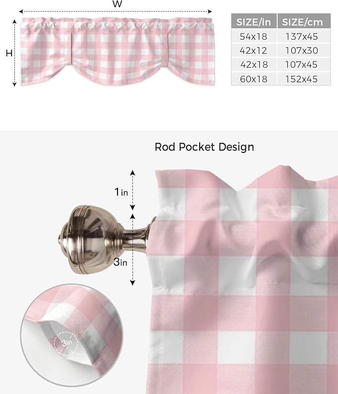 Christmas Blackout Tie Up Valance Curtains for Kitchen Windows Rustic Pink White Buffalo Check Plaid Pattern Window Toppers Balloon Shades for Living Room/Bathroom/Bedroom,1 Panel, 54" X 18",Farmhouse