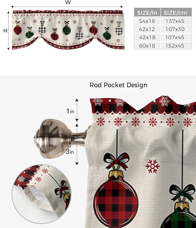 Christmas Blackout Tie Up Valance Curtains for Kitchen Windows Vintage Buffalo Plaid Christmas Balls Window Toppers Balloon Shades for Living Room/Bathroom/Bedroom,1 Panel,54" X 18" Farmhouse