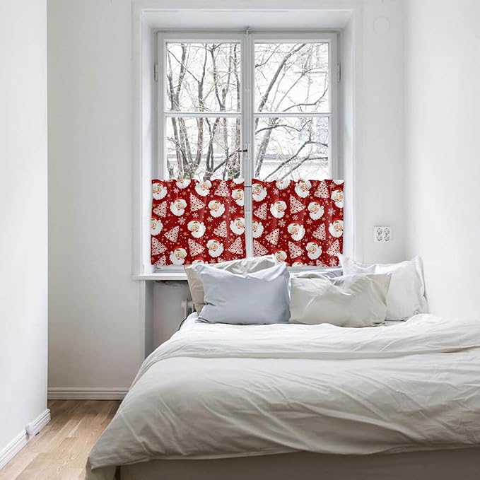 Red Christmas Kitchen Curtains and Valances Set, Santa Claus Merry Christmas Tree Windows Treatments Tiers Half/Short Curtains for Small Windows Cafe/Living Room/Bedroom 54x24 in Winter Snowflake