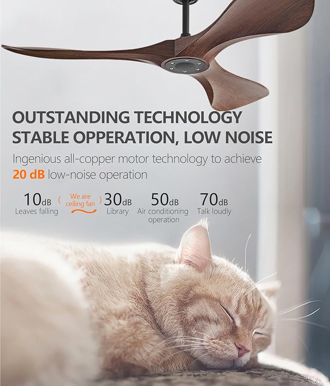 Ceiling Fan with Remote,52 Inch Wood Color Ceiling Fan no light for Indoor/Outdoor,6 Speed Noiseless Reversible DC Motor,Modern Ceiling Fan with Timer for Kitchen, Living Room Farmhouse Patios