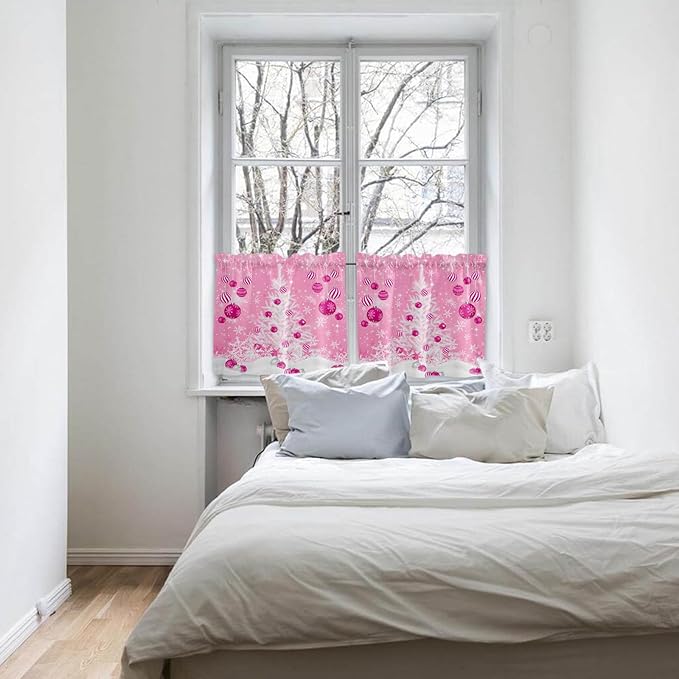 Pink Christmas Kitchen Curtains and Valances Set, White Xmas Tree Snowflakes Pink Balls Windows Treatments Tiers Half/Short Curtains for Small Windows Cafe /Living Room/ Bedroom 54x24 in Winter
